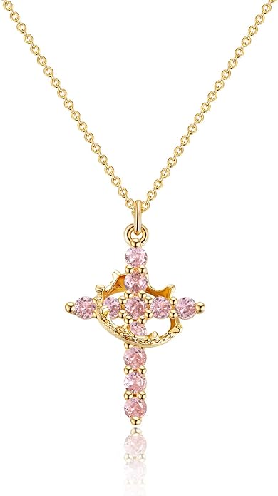 Pink Cross Necklace with Crown
