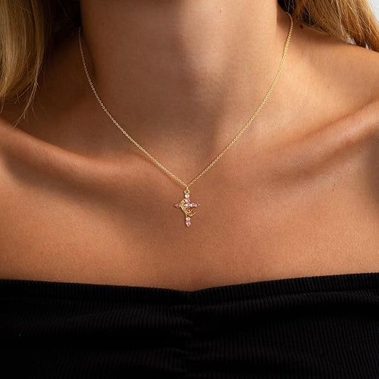 Pink Cross Necklace with Crown